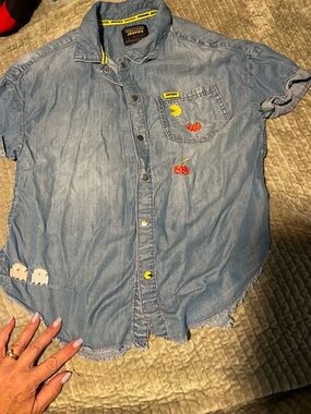 Justice Light Blue Denim Shirt with Yellow Pac-Man Label